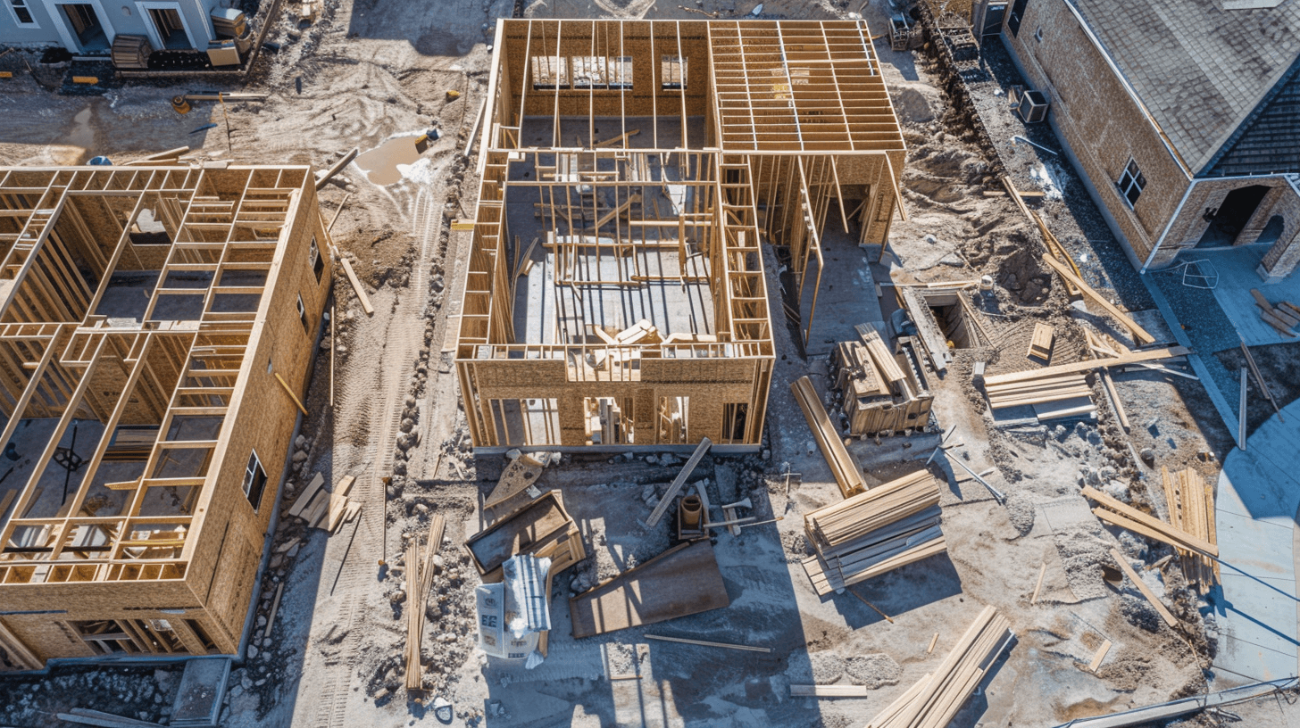 Construction inspector reviewing wood framing phase at a new home building site in Central Florida