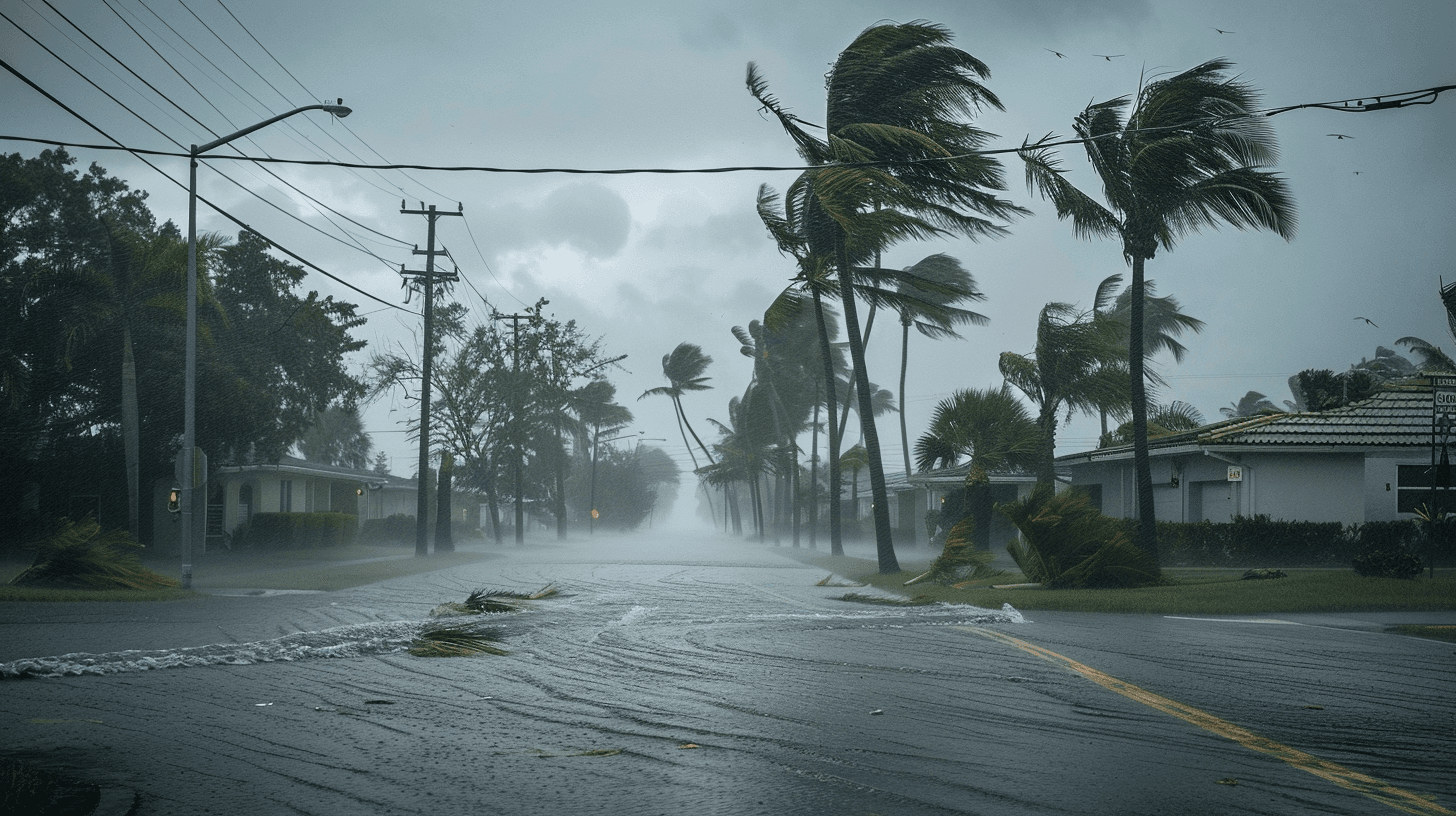 Hurricane force winds battering a Florida suburban street — wind mitigation inspection protects your home